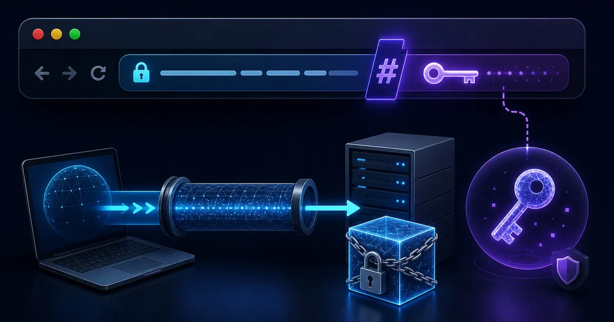 URL fragment encryption key staying in the browser while the server stores ciphertext only
